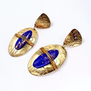 NWOT - Lapis Inspired Large Oval Metal Wrapped Gold Tone Post Earrings
